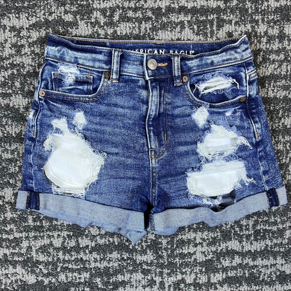 American Eagle Denim Shorts Womens 00 Stretch Blue Distressed Cuffed High Rise